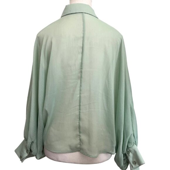 ZARA PASTEL MINT SHEER CHIFFON DOLMAN SLEEVE CROPPED BUTTON DOWN SHIRT -XS - Picture 3 of 10